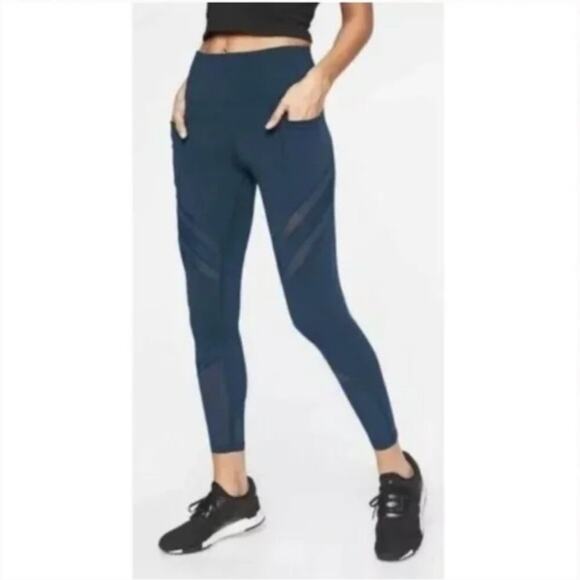 Athleta Up For Anything Dark Blue Mesh 7/8 Tights - Picture 1 of 9